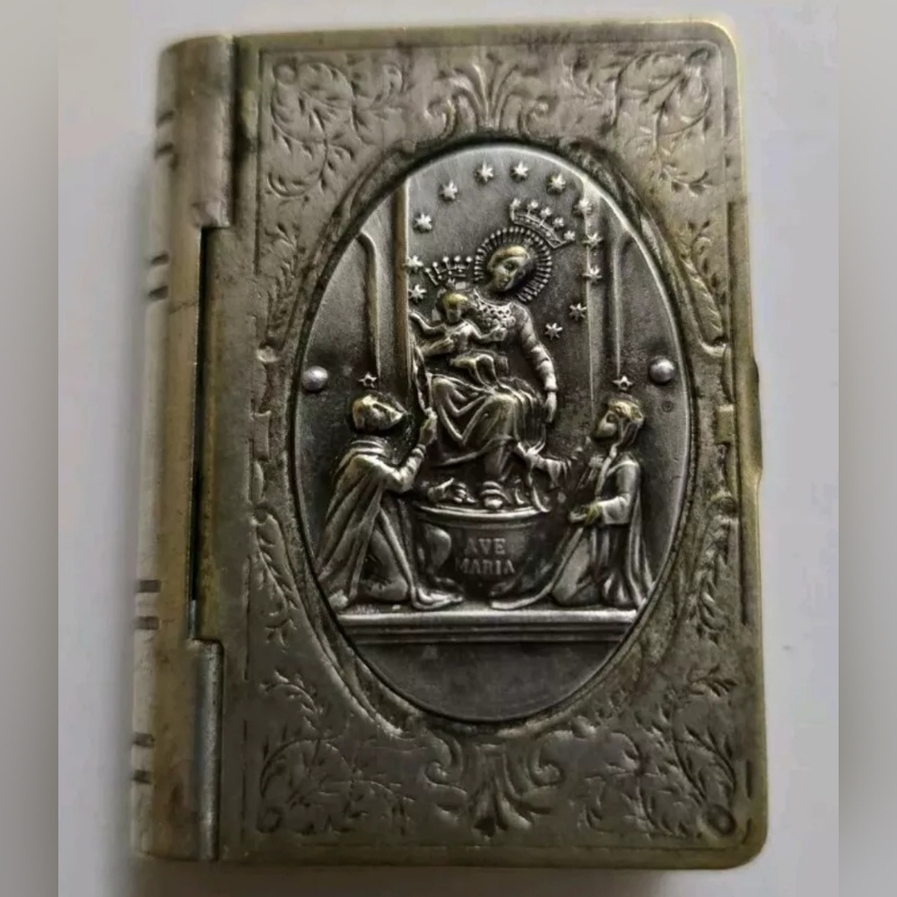 Antique Ave Maria Sterling Box With Rosary Silvered Beads Vintage
